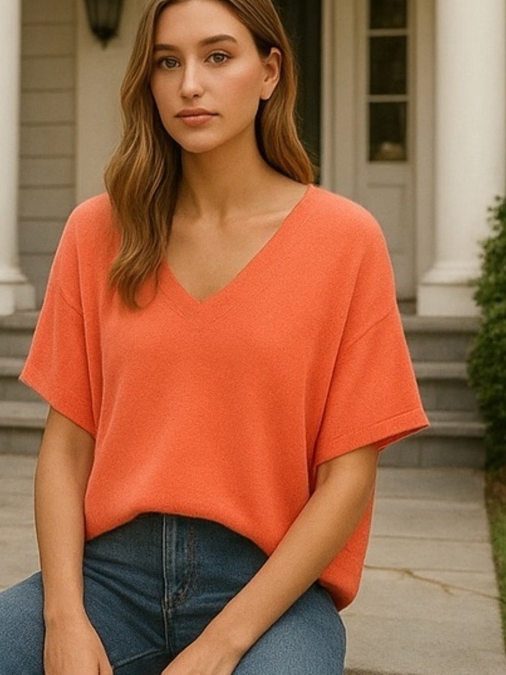 V-Neck Short Sleeve Sweater Top in Coral